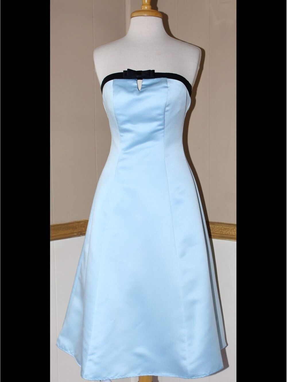 Poly USA #2466 Vintage Style Satin Tea Length Bridesmaid Dress-Size S-Baby Blue